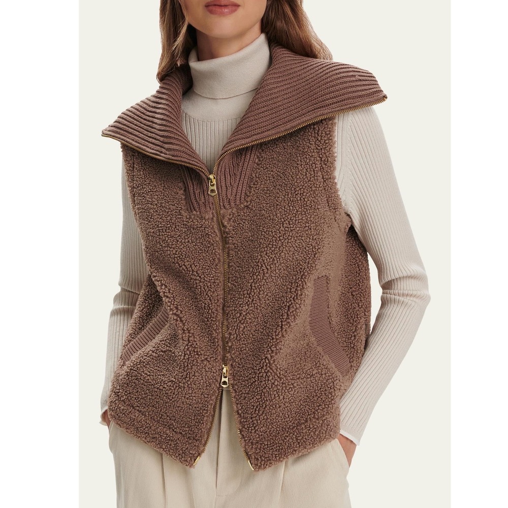 Varley NWT Aspen Gilet Sherpa Fleece Vest Asta Brown Size XL Ribbed Collar